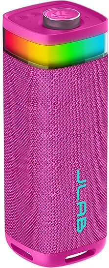 Pink portable Bluetooth speaker with RGB lighting and 12-hour play