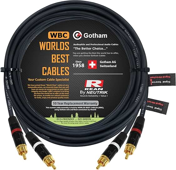 20 ft RCA audio cable with gold connectors
