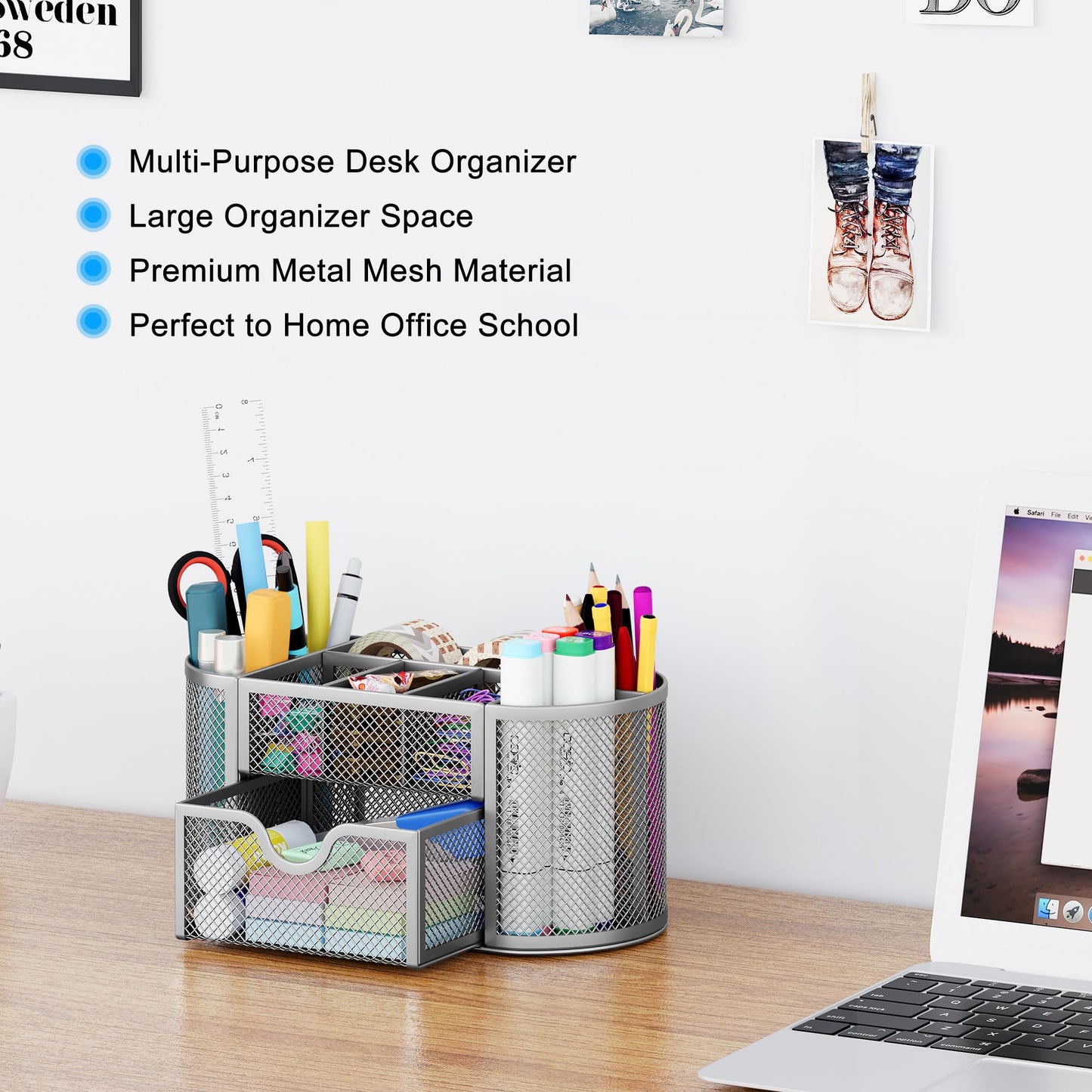 Mesh Pen Holder with Drawer and Compartments