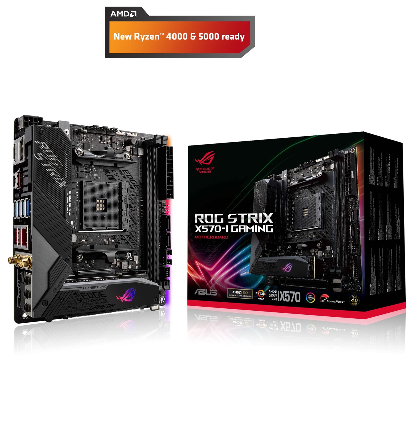 ROG Strix X570-I Gaming, X570 Mini-ITX Gaming Motherboard, AMD Ryzen 3000 with PCIe 4.0, WiFi 6 (802.11ax), Intel Gigabit Ethernet, SATA 6Gb/s