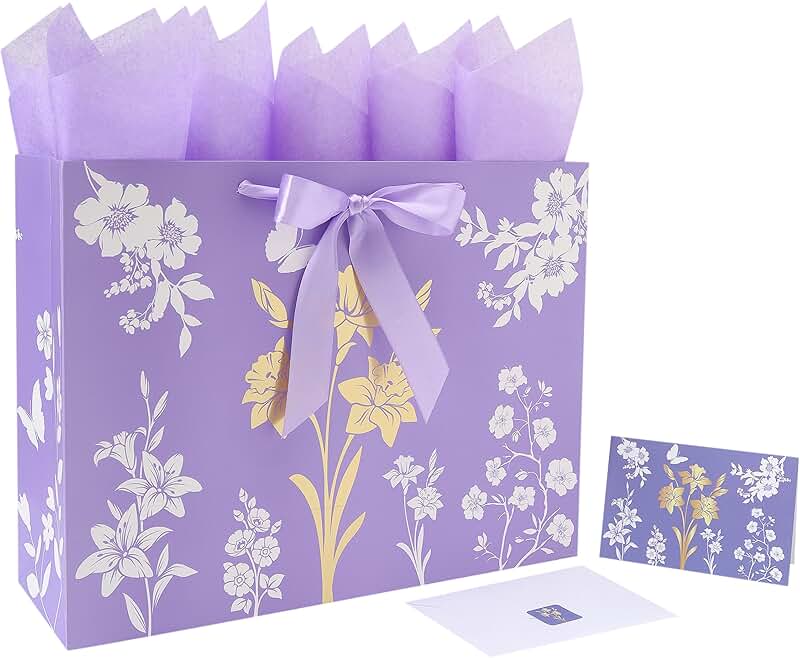 Large Purple Gift Bag Set with Card, Tissue, and Stickers