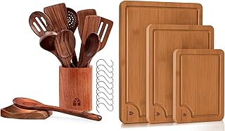 Set of 12 wooden cooking spoons with holder and accessories