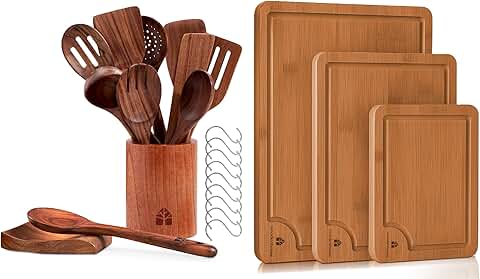 Set of 12 wooden cooking spoons with holder and accessories