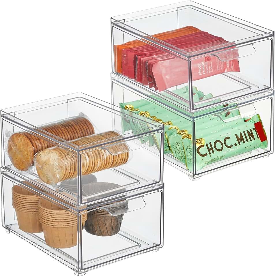Stackable Clear Storage Containers with Pull-Out Drawers, 4 Pack