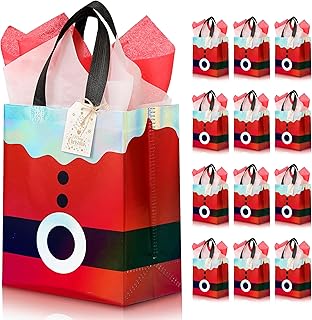 Red Christmas gift bags with Santa design, 12-pack