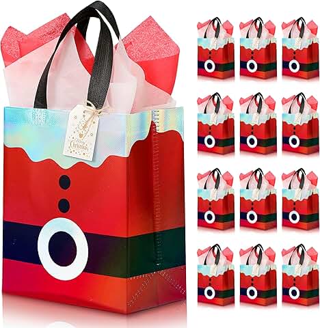 Red Christmas gift bags with Santa design, 12-pack