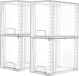 Set of four clear stackable storage drawers for organizing skincare, bathroom, kitchen, and pantry items