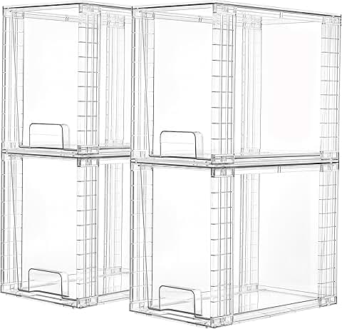 Set of four clear stackable storage drawers for organizing skincare, bathroom, kitchen, and pantry items