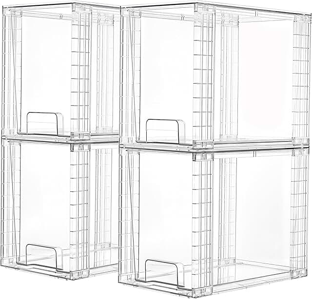 Set of four clear stackable storage drawers for organizing skincare, bathroom, kitchen, and pantry items