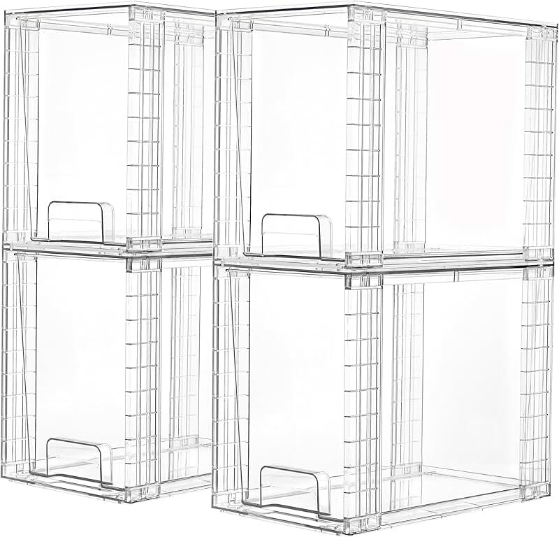 Set of four clear stackable storage drawers for organizing skincare, bathroom, kitchen, and pantry items