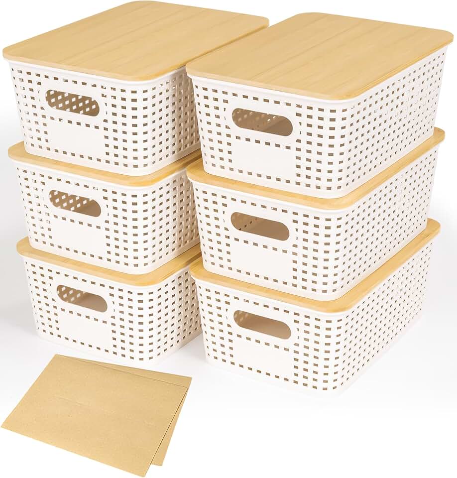 Six Stackable Plastic Storage Baskets with Bamboo Lids