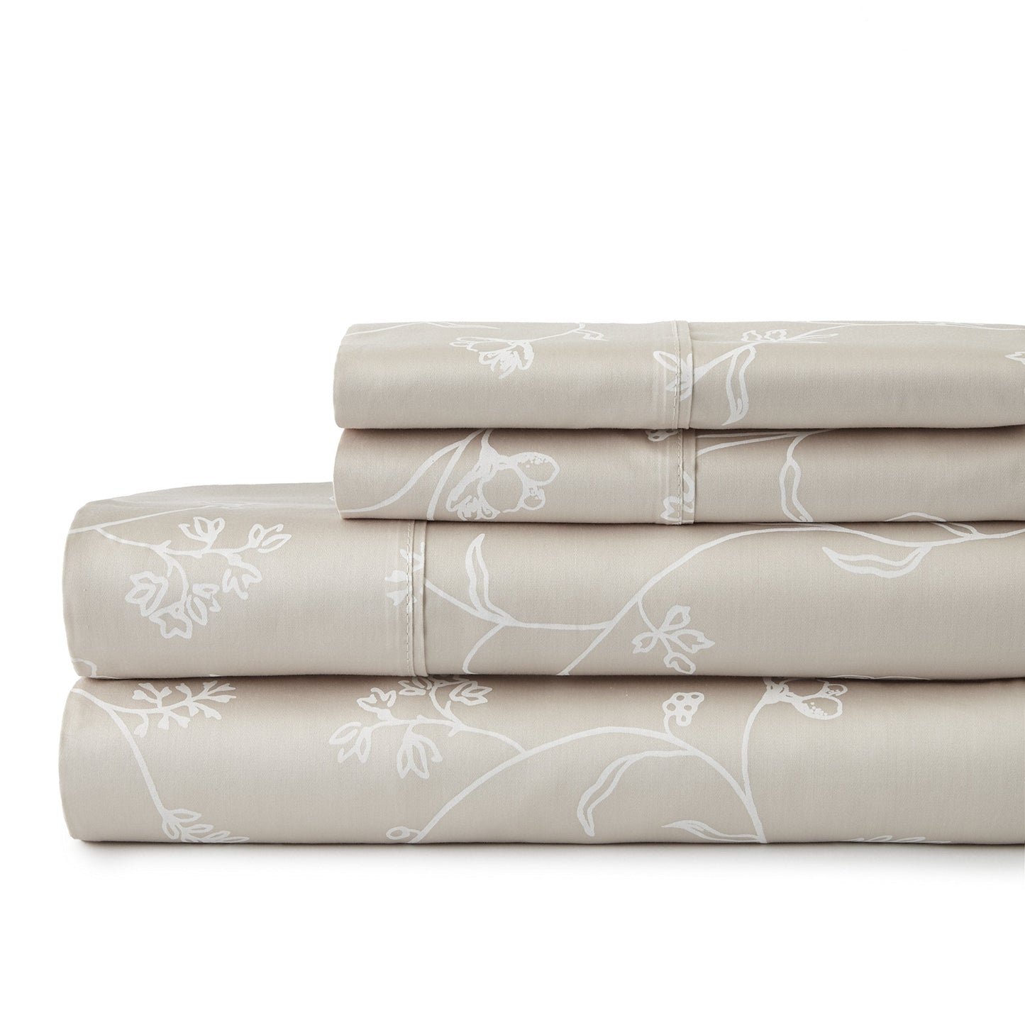 Southshore Linens  BRITEYARN  Sweetbrier Print  300 Thread Count 100% Cotton Extra Deep Pocket Sheet Set, Soft Sand with White Flowers, Full