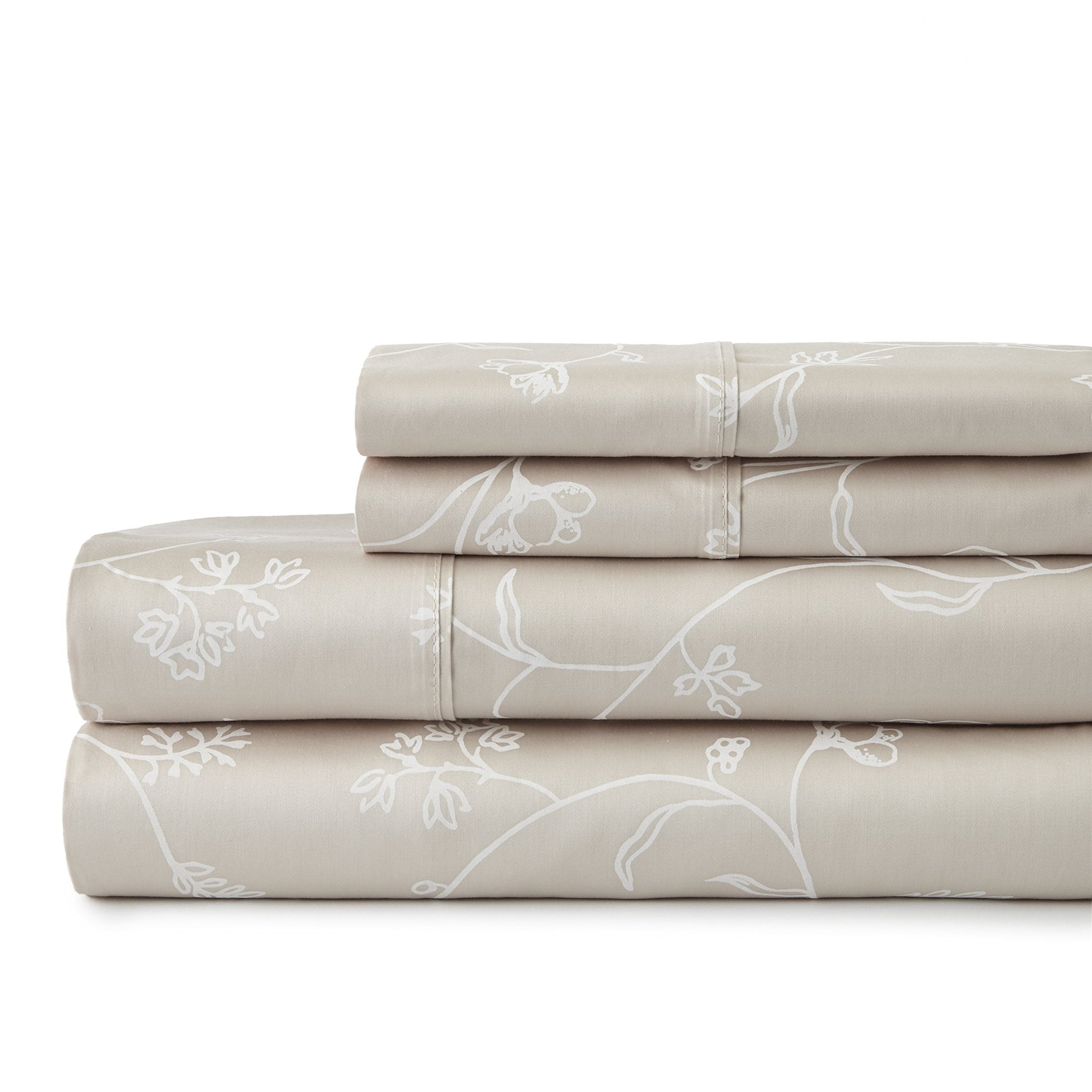 Southshore Linens  BRITEYARN  Sweetbrier Print  300 Thread Count 100% Cotton Extra Deep Pocket Sheet Set, Soft Sand with White Flowers, Full