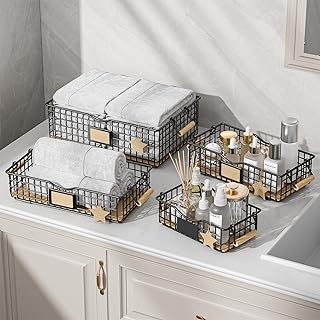 Set of four black bathroom and home storage baskets with wooden handles