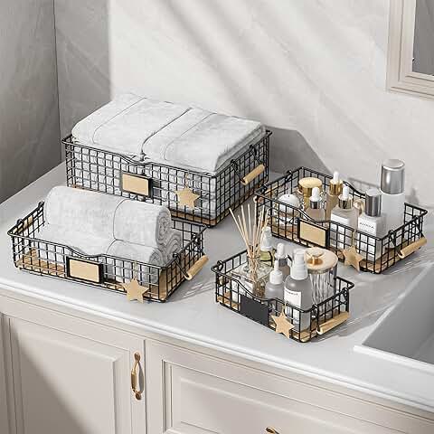 Set of four black bathroom and home storage baskets with wooden handles