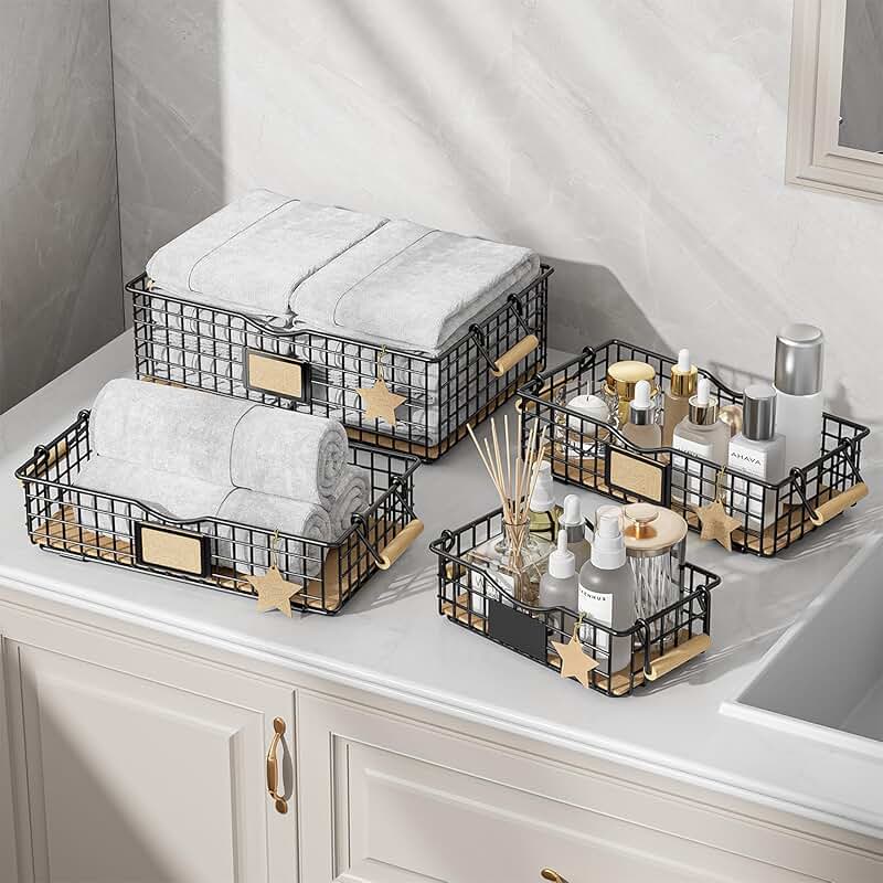 Set of four black bathroom and home storage baskets with wooden handles