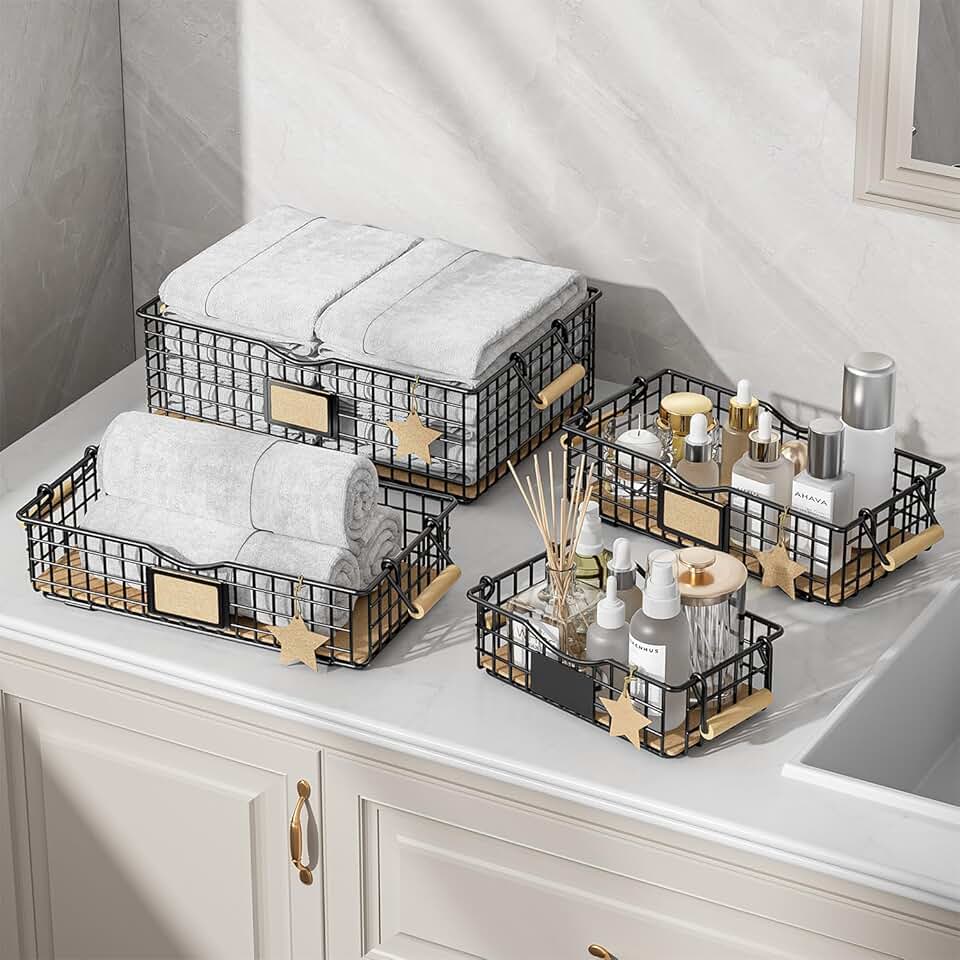 Set of four black bathroom and home storage baskets with wooden handles