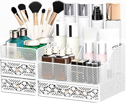 Large White Metal Makeup Organizer with Drawers