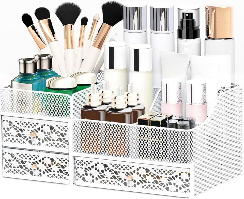 Large White Metal Makeup Organizer with Drawers