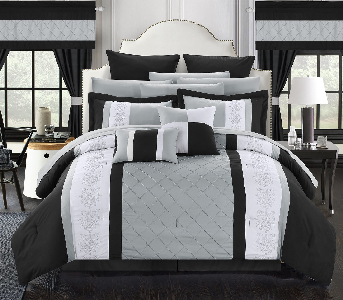 24 Piece Danielle Complete Pintuck Embroidery Color Block Bedding, Queen, Black