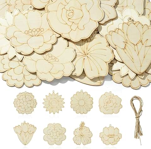 32 Flower-Shaped Wooden Cutouts for Crafts and Decor