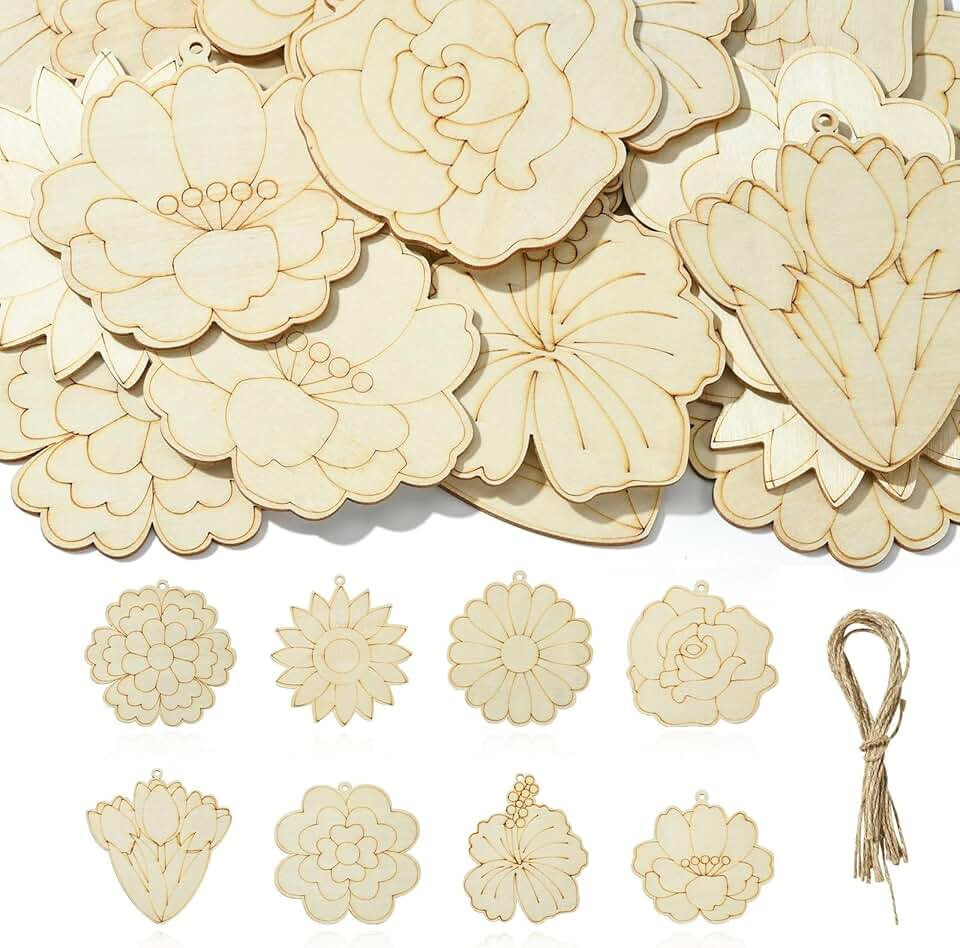 32 Flower-Shaped Wooden Cutouts for Crafts and Decor