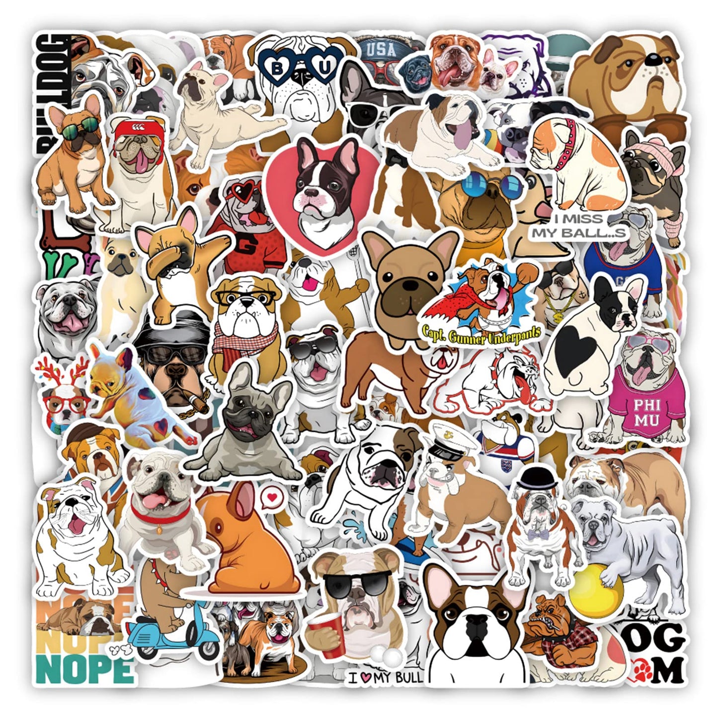 100-Pack Cute Bulldog Vinyl Decals for Various Surfaces
