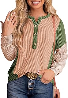 Women's Casual Color Block Knitted Long Sleeve V-Neck Blouse