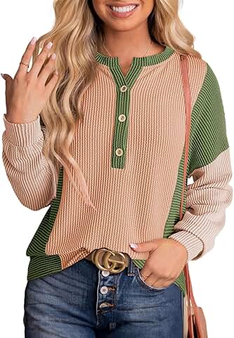 Women's Casual Color Block Knitted Long Sleeve V-Neck Blouse