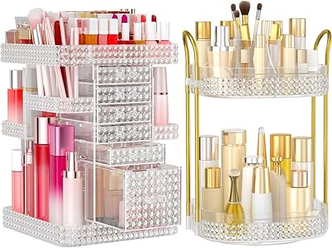 Two-tier rotating makeup organizer with six drawers
