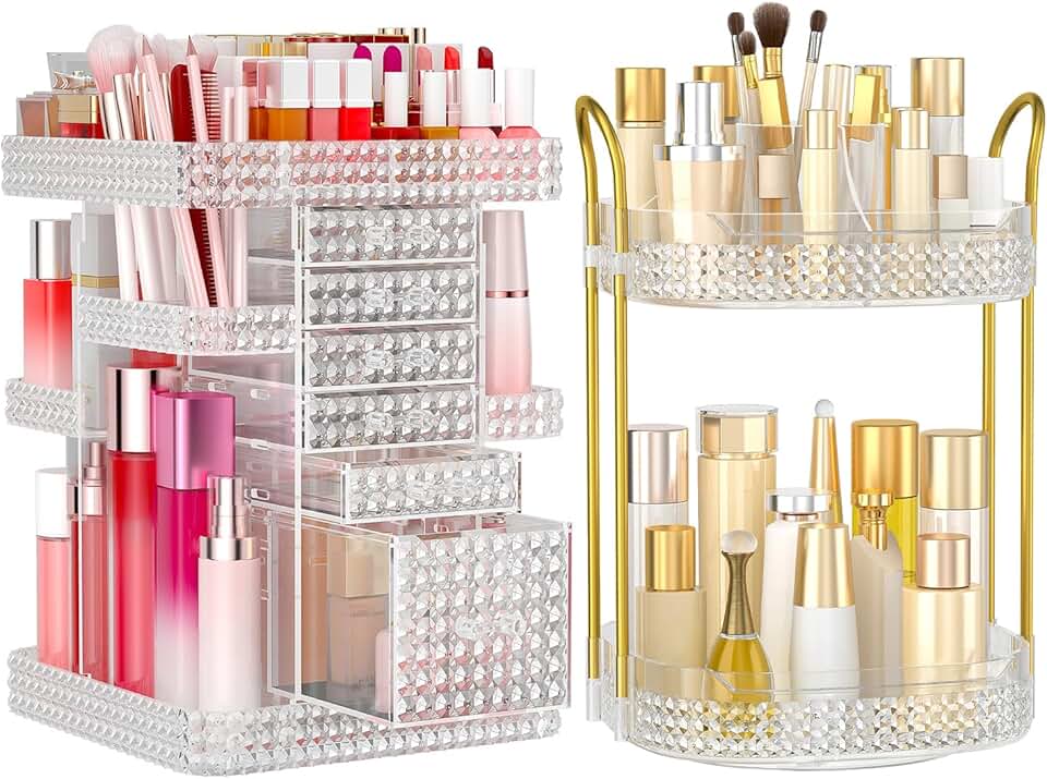 Two-tier rotating makeup organizer with six drawers