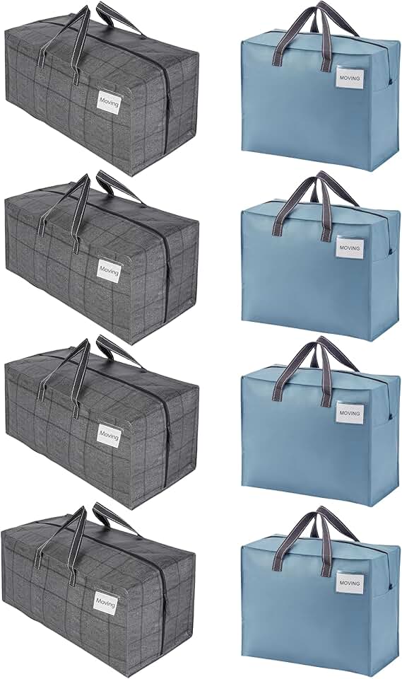 Eight heavy-duty moving bags with straps and handles