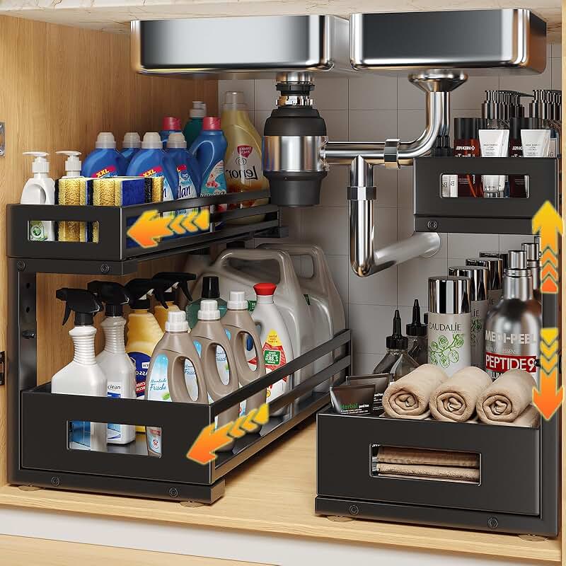 Two 19-inch Deep Under Sink Organizers with Adjustable Drawers