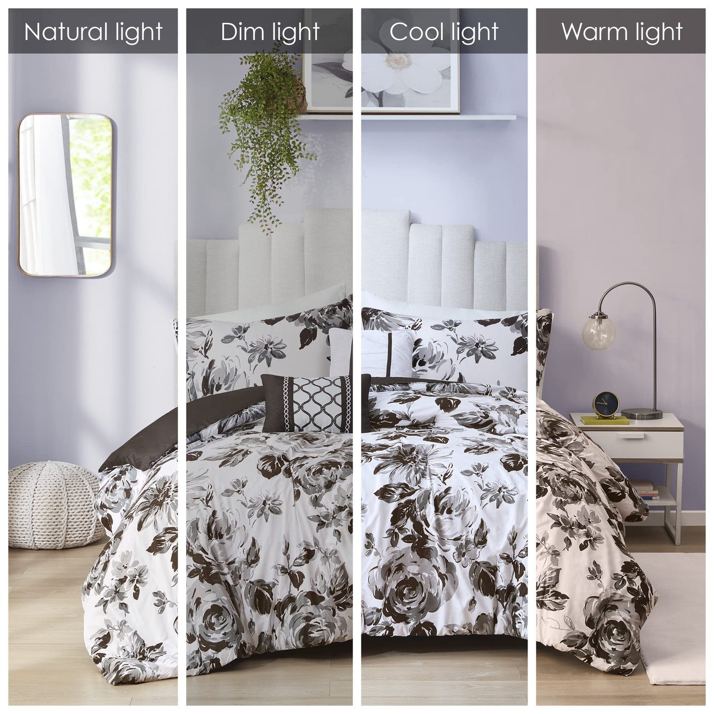 Intelli t Dorsey Comforter Reversible Flower Floral Botanical Ultra-Soft Brushed All Season Bedding-Set, Full/Queen, Black/White 5 Piece