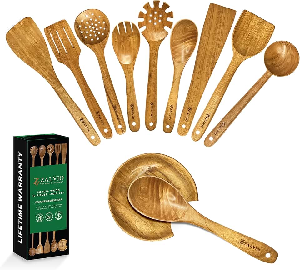 10-Piece Acacia Wood Utensil Set with Spoon Rest