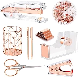 Rose Gold Desk Accessories Set with Stapler, Tape Holder, Pens, Scissors, Clips, and Staples