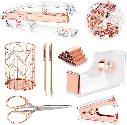 Rose Gold Desk Accessories Set with Stapler, Tape Holder, Pens, Scissors, Clips, and Staples