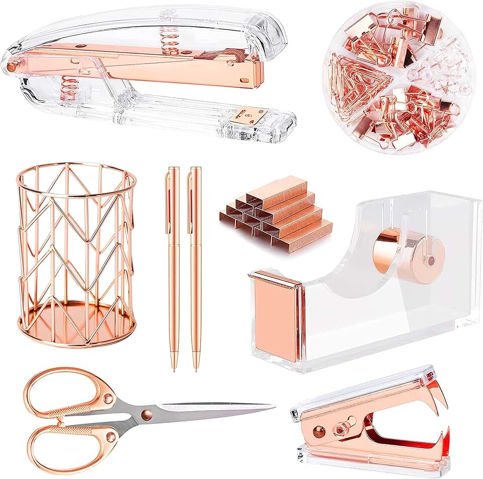 Rose Gold Desk Accessories Set with Stapler, Tape Holder, Pens, Scissors, Clips, and Staples