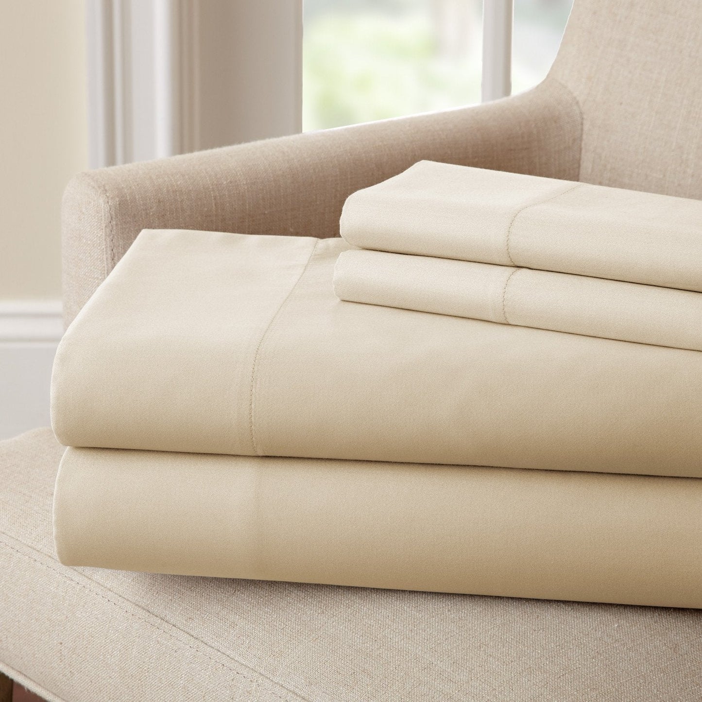 Solid Bamboo Rich Sheet Set  300 Thread Count Bamboo Rich Bed Sheet Set with Extra Deep Pocket Fitted Sheet, Flat Sheet and 2 Pillowcases, 4 Piece Set Queen, Oatmeal)