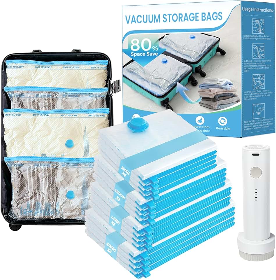 16 Pack Travel Vacuum Bags with Rechargeable Pump