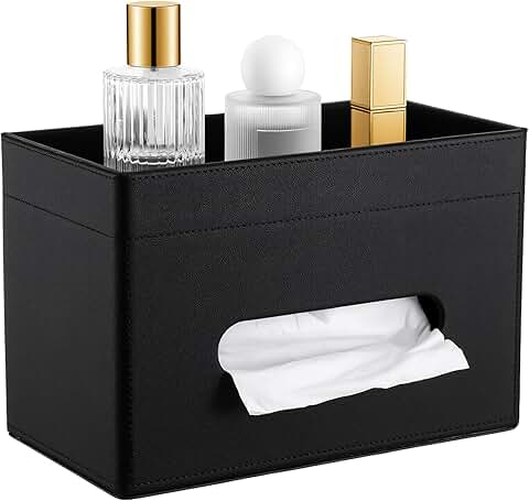 Black PU Leather Tissue Box Cover with Storage Tray