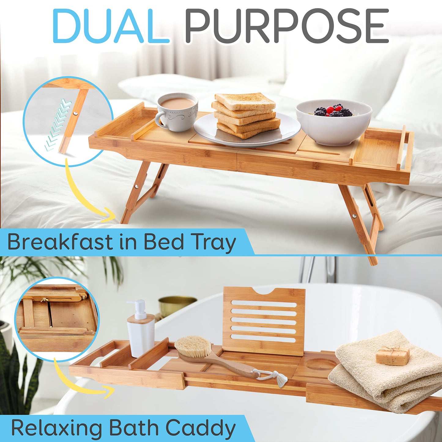 Bath Caddy Breakfast Tray Combo  Natural Bamboo Wood Waterproof Bath Tub Caddy and Bed Tray with Folding Slide-Out Arms, Device Grooves, Wine Gl and Soap Holder S CAD50.5  Brown