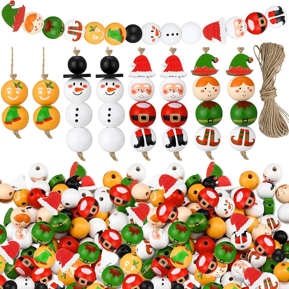150 Pcs Christmas Wooden Beads with Twine for Crafts and Decor