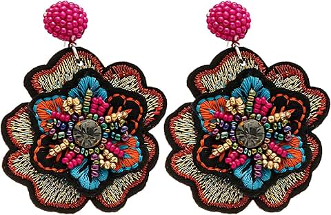 Boho Floral Embroidered Earrings with Beads and Crystals