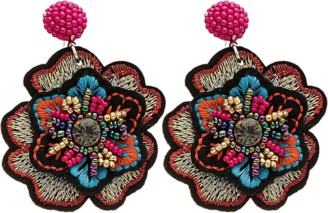 Boho Floral Embroidered Earrings with Beads and Crystals