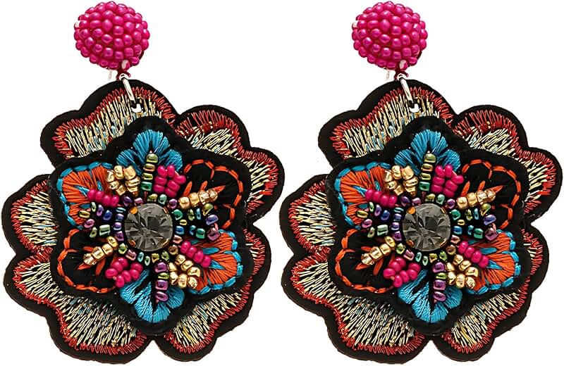 Boho Floral Embroidered Earrings with Beads and Crystals
