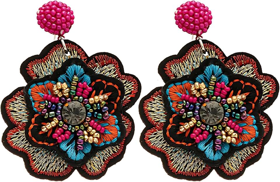 Boho Floral Embroidered Earrings with Beads and Crystals