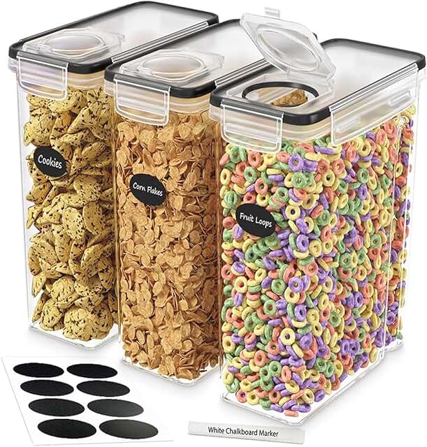 Three Airtight Cereal Storage Containers with Labels