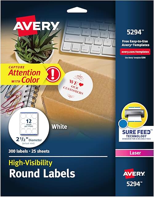 High Visibility 2.5" Round Printable Labels, 300 Pack