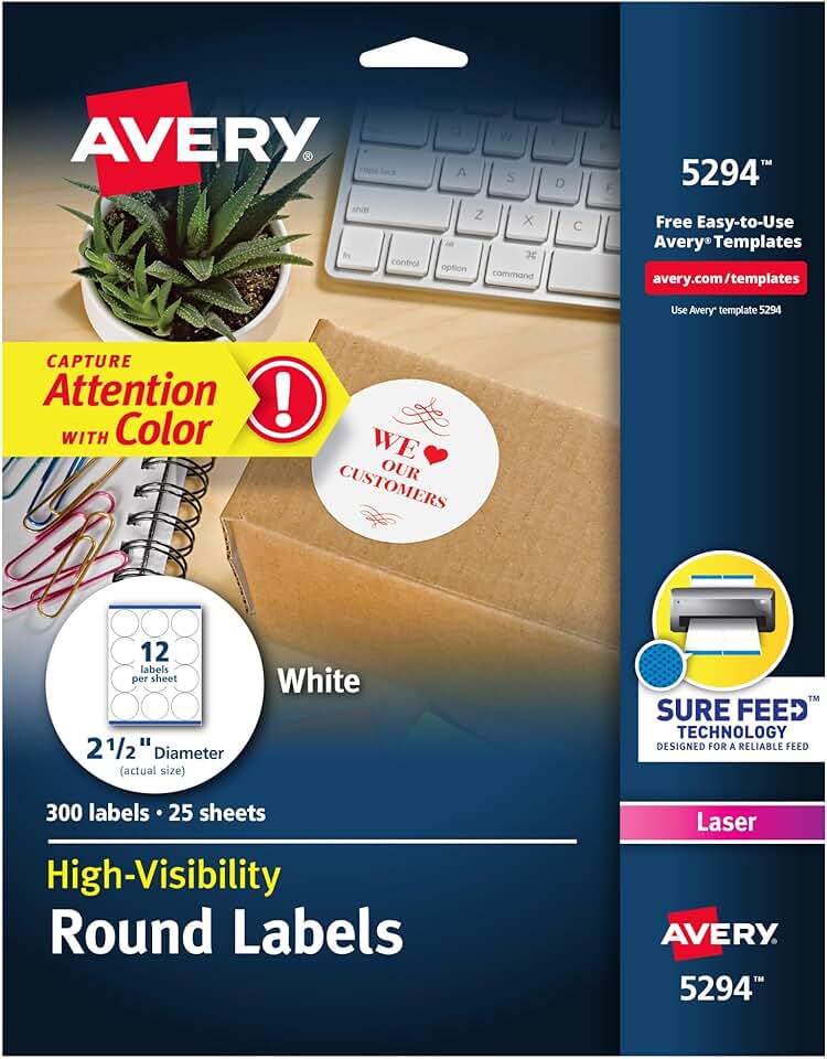 High Visibility 2.5" Round Printable Labels, 300 Pack